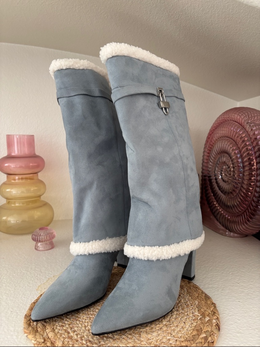 Powder Blue Faux Suede Shearling-Trim Knee-High Heeled Boots